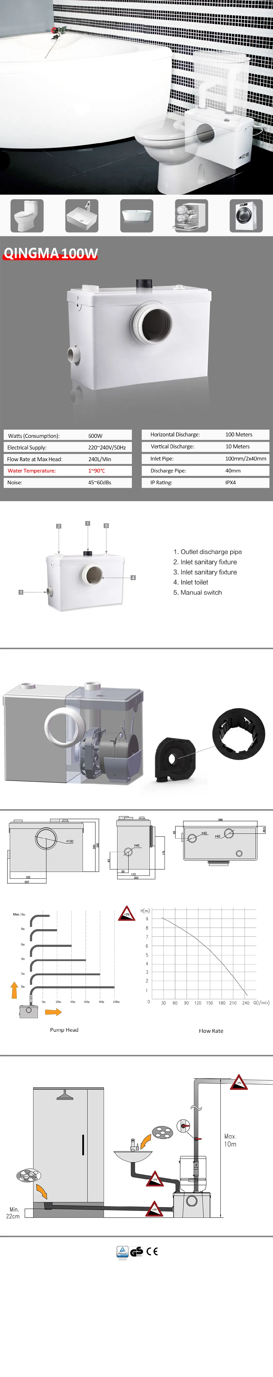 Qingma 100 (600W) Bathroom Wc Toilet Waste Water Lift Macerator Pump for Toilet & Basin